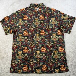 Yiume Hawaiian Shirt Men Large Multicolor Viking Ship Nautical Skull Button Down